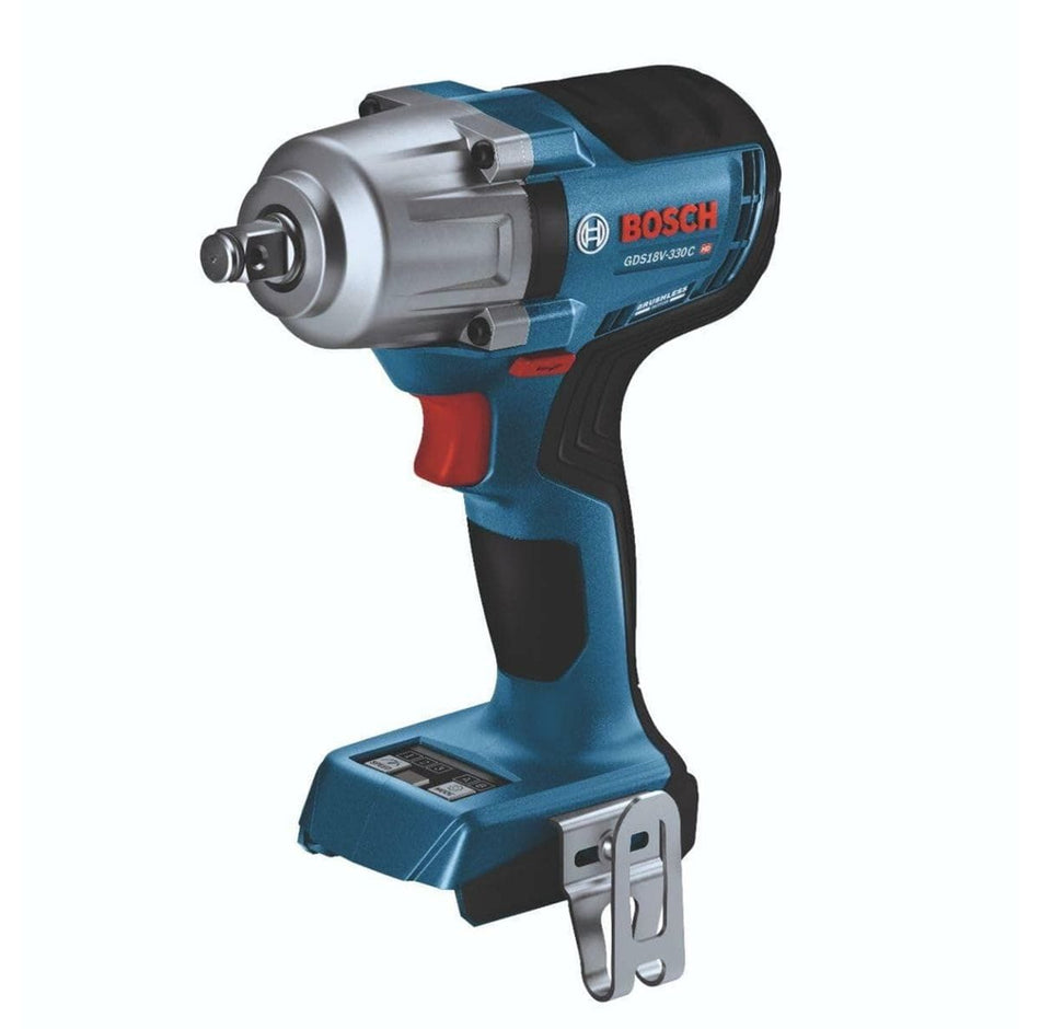 Bosch GDS18V-330CN cordless impact wrench shown from the side, featuring a textured grip, metal front housing, and belt clip. The model number and Bosch branding are clearly visible, emphasizing its professional-grade design.