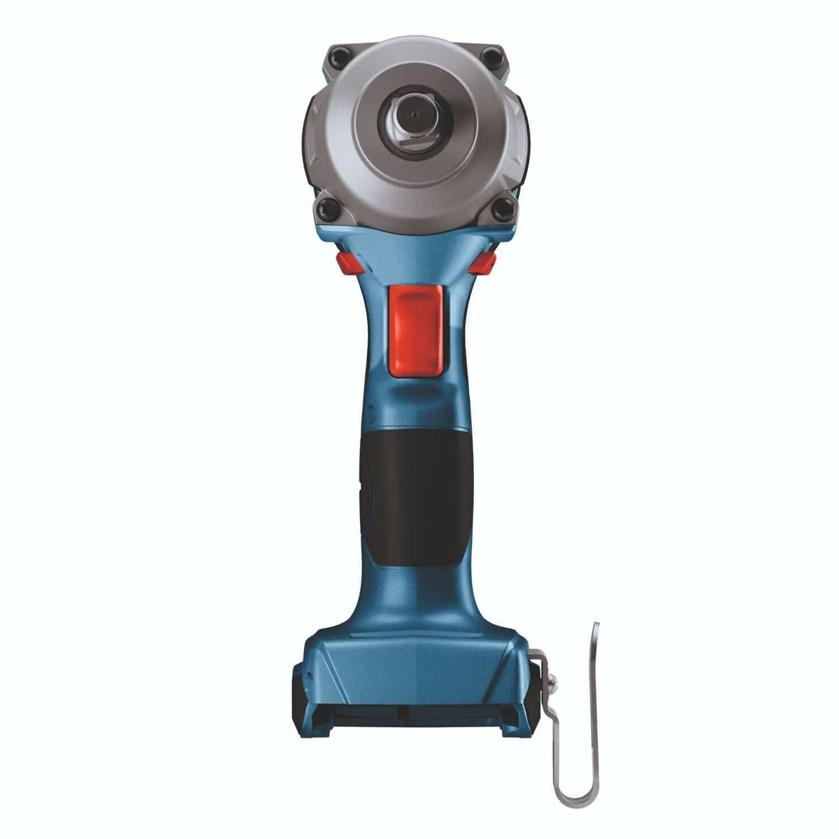 Side view of the Bosch GDS18V-330CN cordless impact wrench with visible model number, metal front housing, red trigger, and belt clip. The image showcases the tool’s compact build and mid-torque capability.