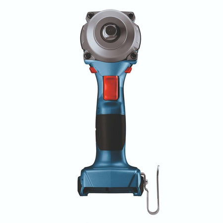 Side view of the Bosch GDS18V-330CN cordless impact wrench with visible model number, metal front housing, red trigger, and belt clip. The image showcases the tool’s compact build and mid-torque capability.