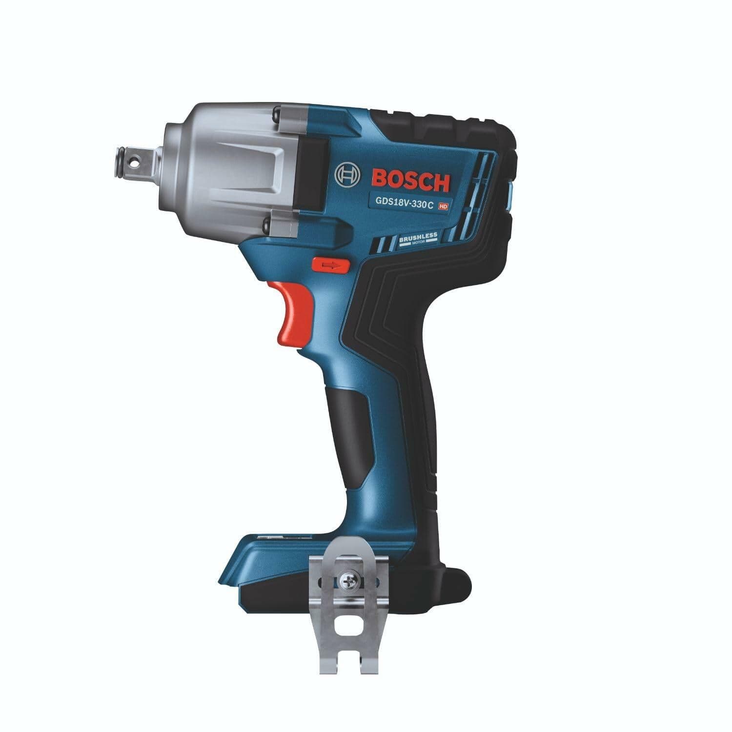 Side view of the Bosch GDS18V-330CN cordless impact wrench featuring a metal front housing, ergonomic grip, red trigger, and belt clip. The model number and branding are visible, showcasing the tool’s compact design for mid-torque applications.