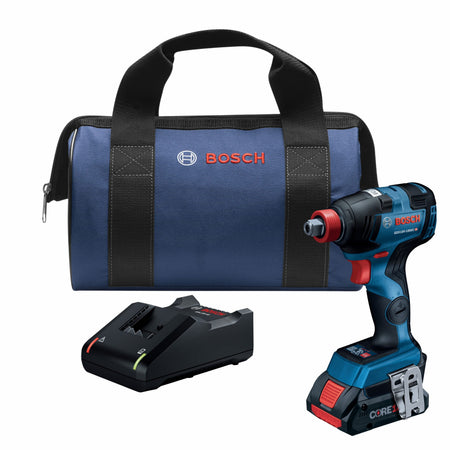 Bosch GDX18V‑1800C reconditioned 18V brushless two‑in‑one impact driver kit displayed with CORE18V battery, charger, and carrying bag arranged on a white background for professional tool marketing.