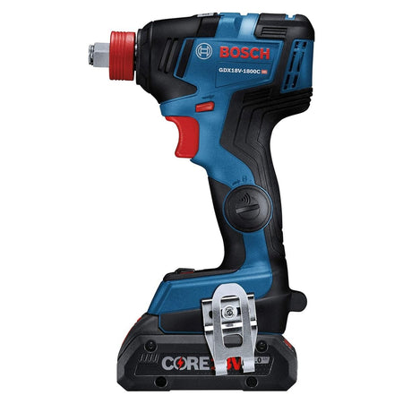 Side profile of the Bosch GDX18V‑1800C reconditioned 18V brushless impact driver with CORE18V battery attached, highlighting ergonomic grip, compact housing, and dual‑drive chuck for sockets and bits.