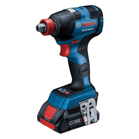 Side profile of the Bosch GDX18V‑1800C reconditioned 18V brushless impact driver with CORE18V battery attached, highlighting ergonomic grip, compact housing, and dual‑drive chuck for sockets and bits.