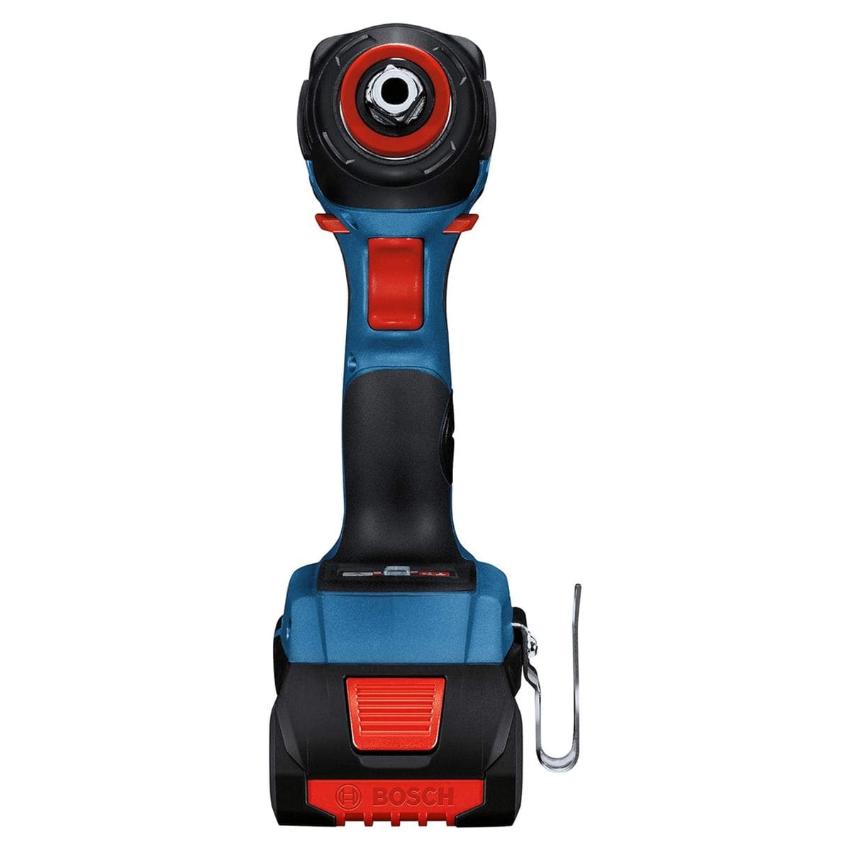 Front‑facing view of the Bosch GDX18V‑1800C reconditioned 18V impact driver showing the dual‑drive chuck opening, red trigger, and CORE18V battery pack for heavy‑duty fastening applications.