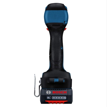 Rear view of the Bosch GDX18V‑1800C reconditioned 18V brushless impact driver showing ergonomic grip, battery indicator lights, and belt clip attached to the CORE18V battery pack.