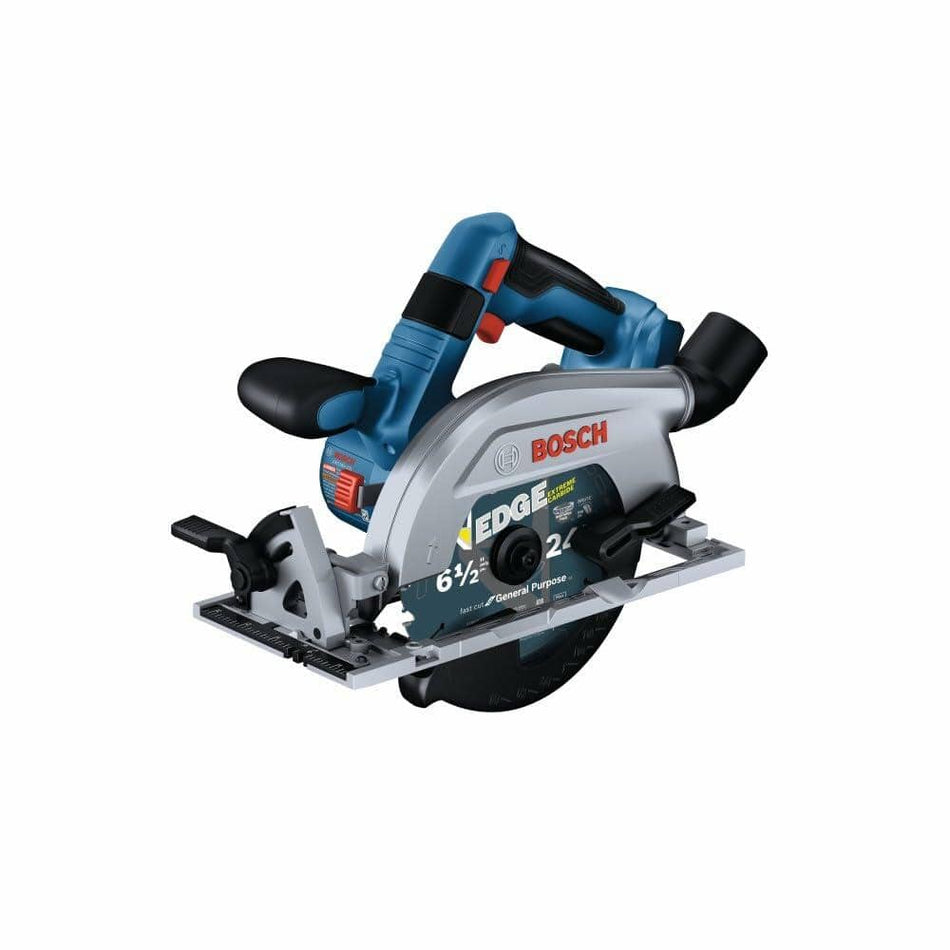 A three-quarter view of the Bosch 18V brushless blade-left 6-and-a-half-inch circular saw.