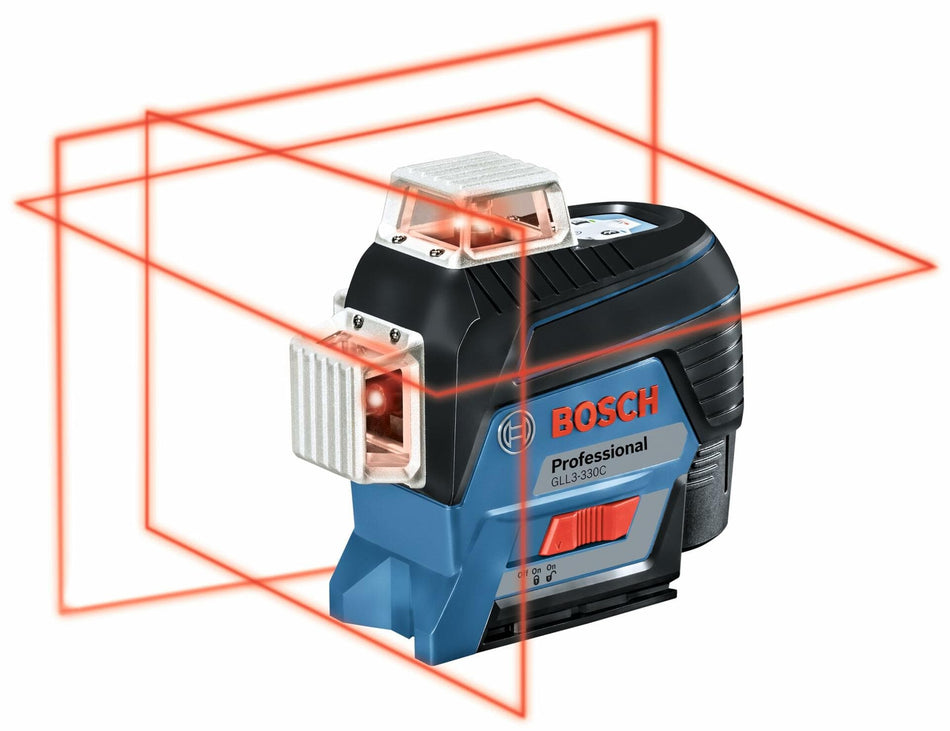 A studio image of the Bosch GLL3-330C laser with red lines graphically illustrating its three 360-degree planes (one horizontal and two vertical).