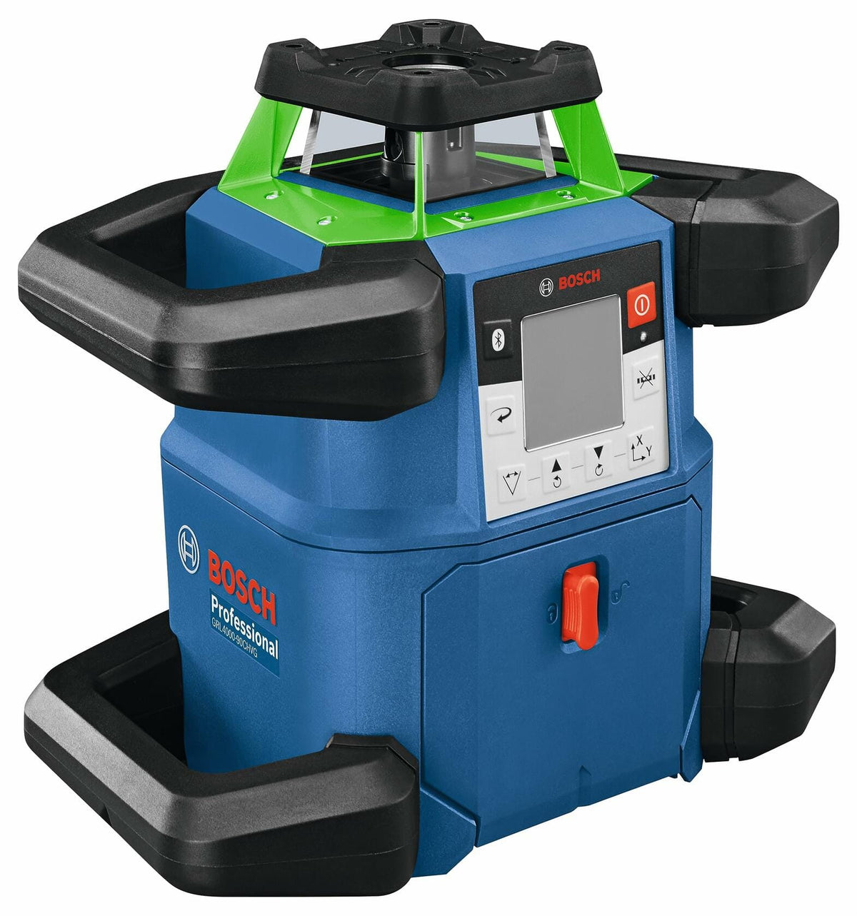 A three-quarter angle view of the blue and green Bosch GRL4000-90CHVK-S professional rotary laser.