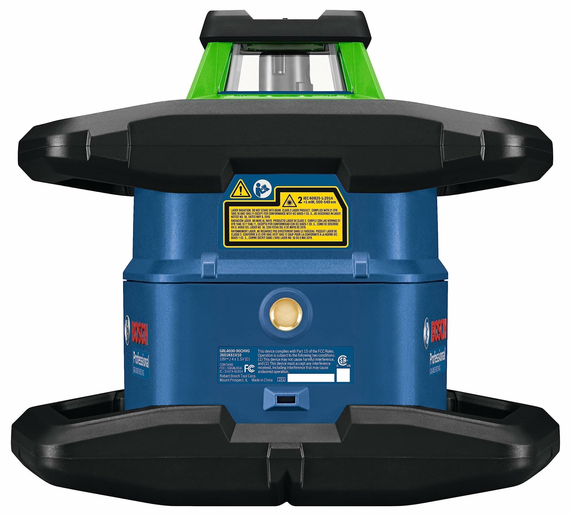 The back view of the Bosch GRL4000-90CHVK-S rotary laser, showing the warning and compliance labels and the tripod mounting port.