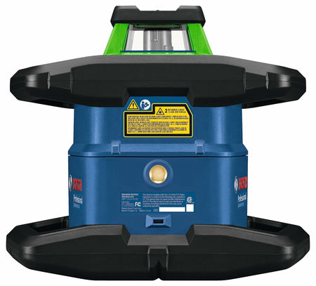 The back view of the Bosch GRL4000-90CHVK-S rotary laser, showing the warning and compliance labels and the tripod mounting port.