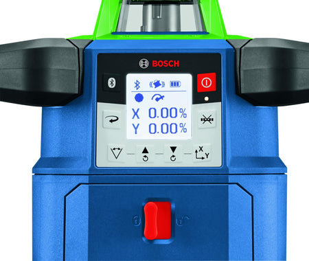 A close-up of the control panel and backlit LCD screen on the Bosch rotary laser. The screen displays icons for Bluetooth and battery status, with the X and Y slope axes set to 0.00%.