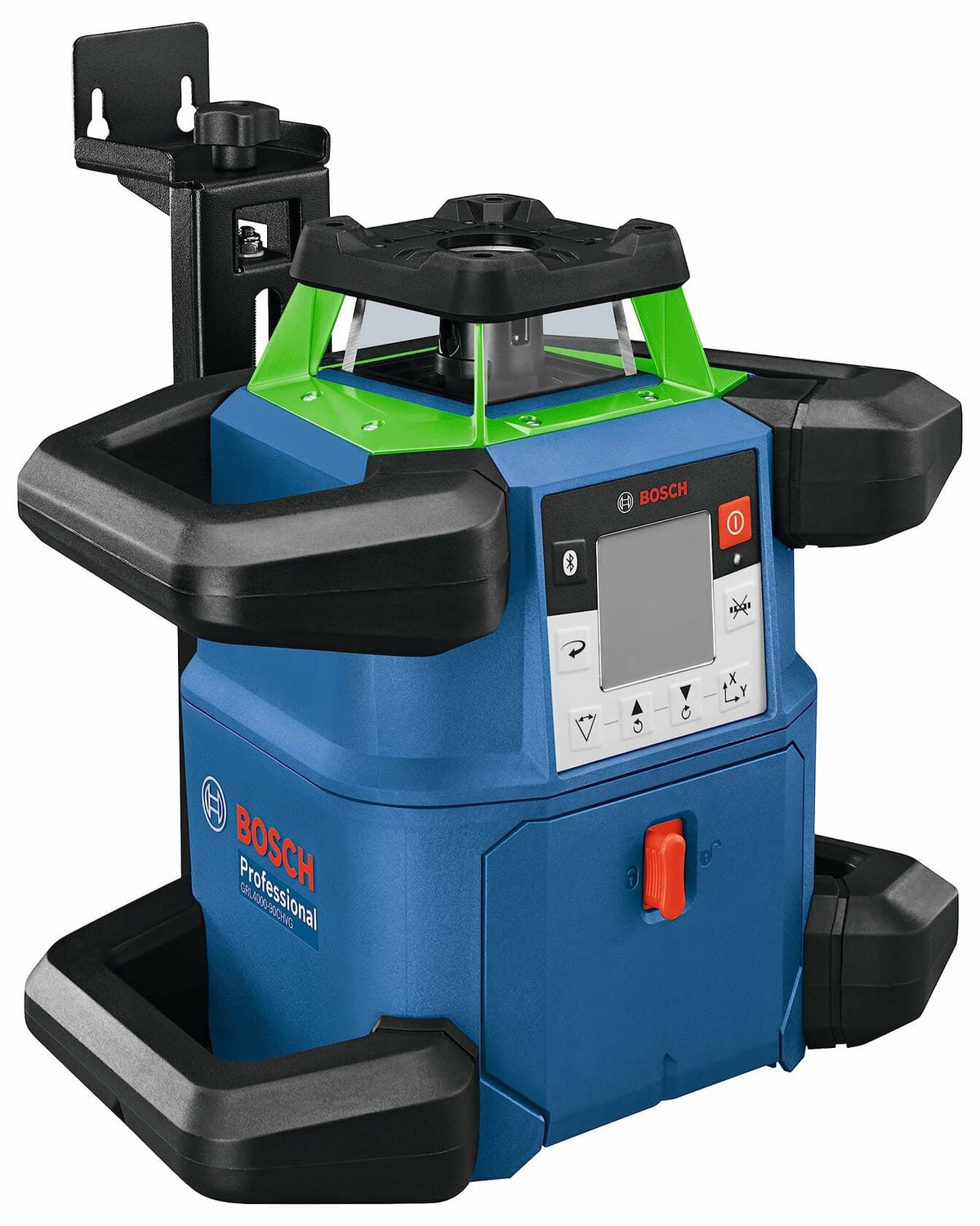 The Bosch GRL4000-90CHVK-S rotary laser shown with the black wall mounting bracket attached to its side.