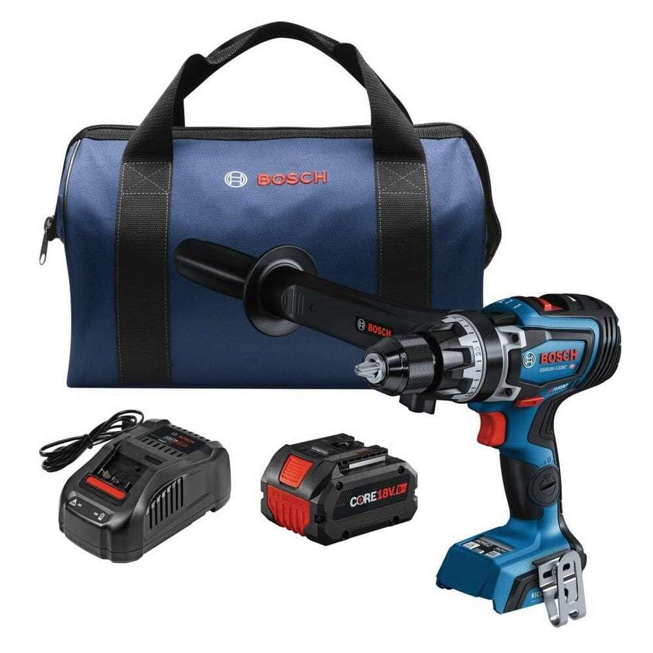 Complete Bosch GSB18V-1330CB14 hammer drill kit including the cordless drill with side handle, CORE18V battery, charger, and blue Bosch-branded carrying bag. The image presents a full professional-grade solution for drilling and driving tasks.