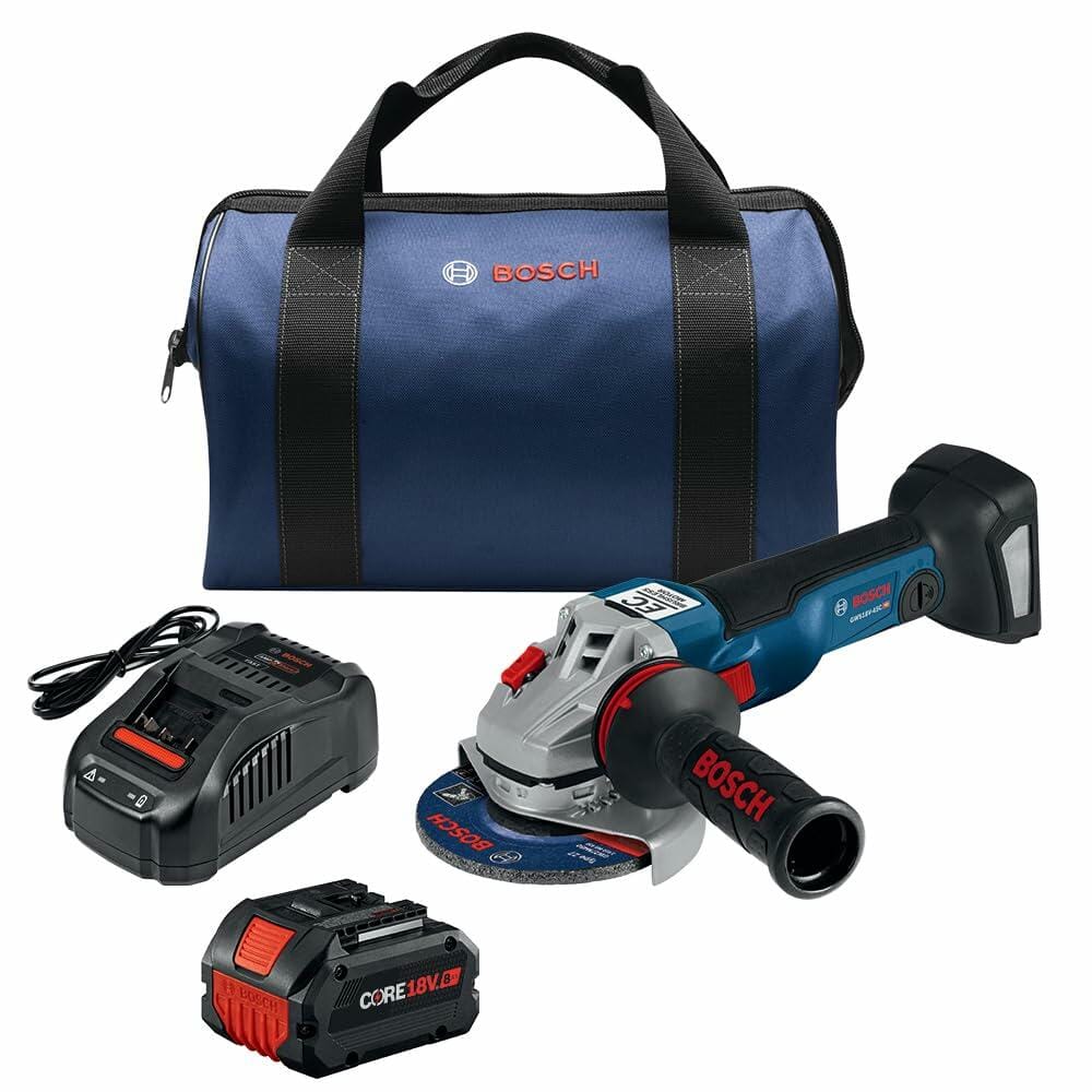 Bosch cordless angle grinder kit including grinder with disc, CORE18V battery, charger, and blue Bosch-branded carrying bag. Designed for portable grinding and cutting tasks.