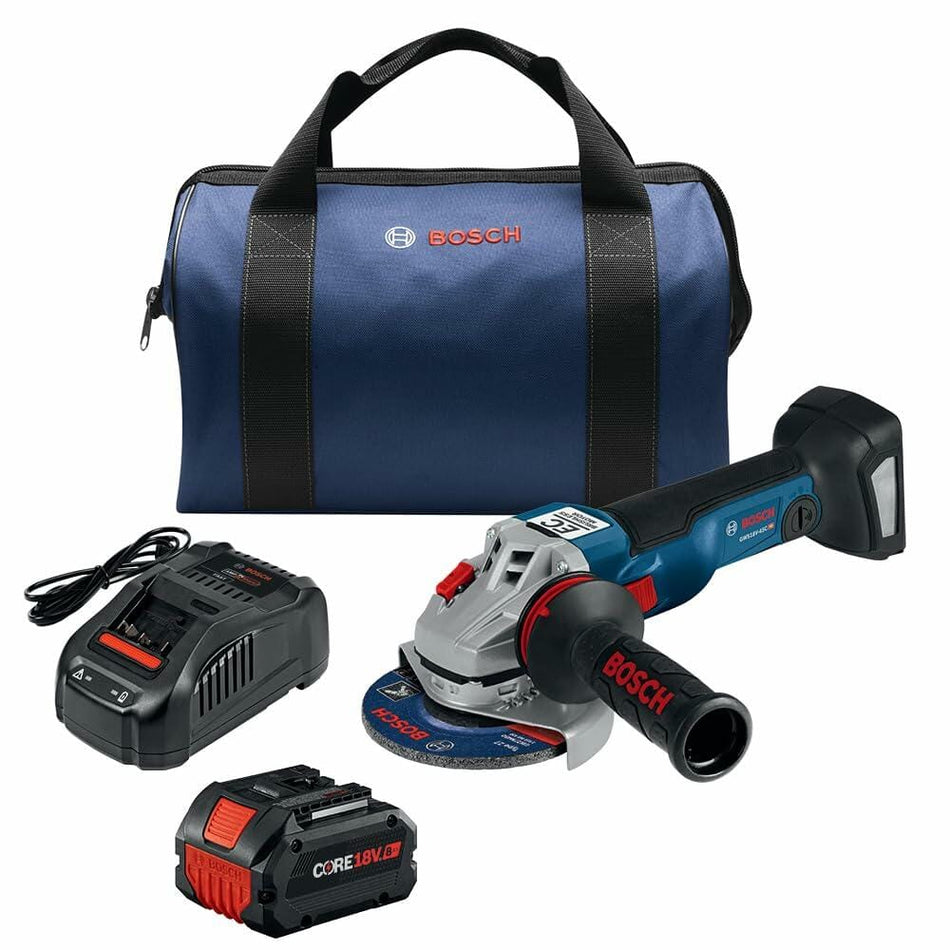 Bosch cordless angle grinder kit including grinder with disc, CORE18V battery, charger, and blue Bosch-branded carrying bag. Designed for portable grinding and cutting tasks.