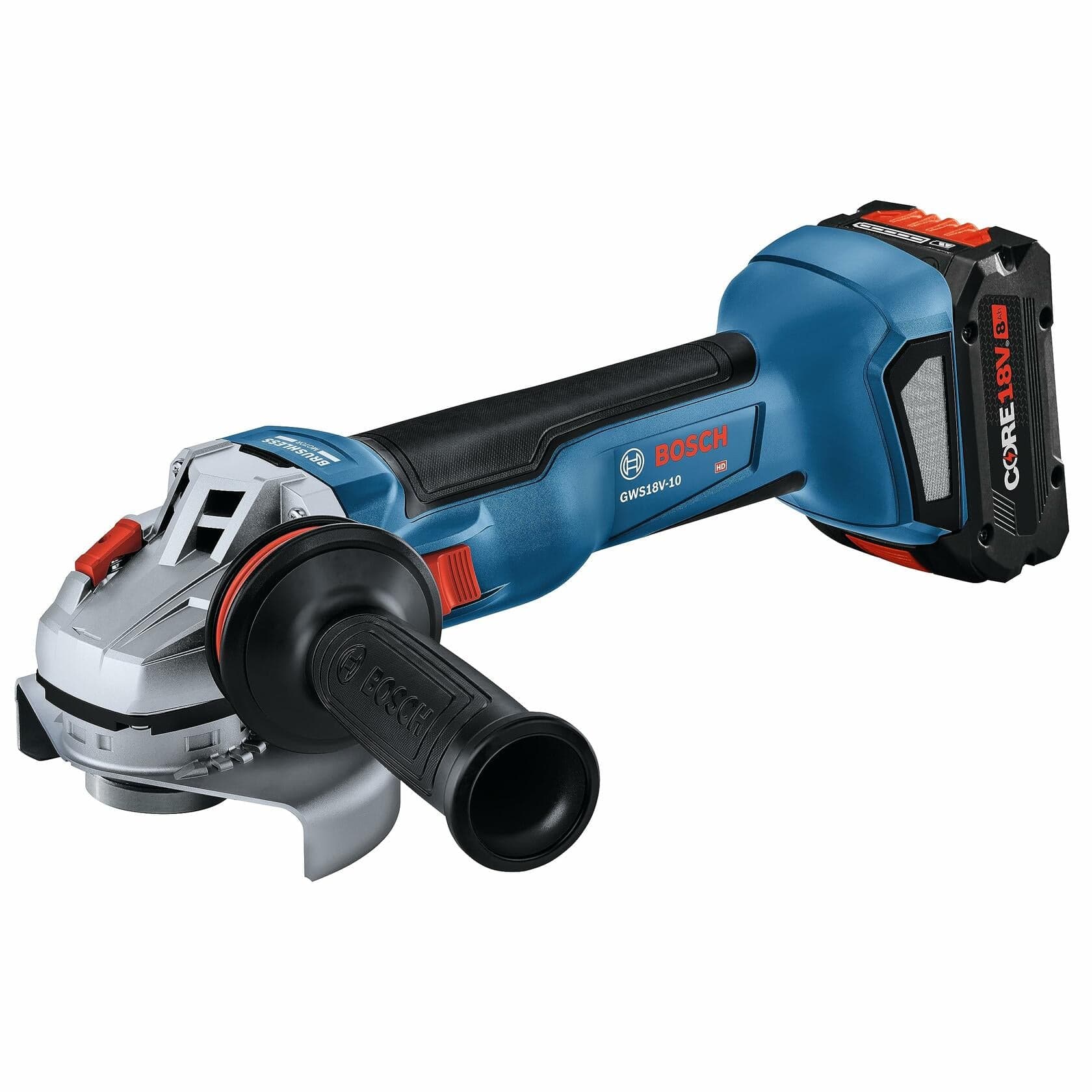 Bosch GWS18V-50 cordless angle grinder with side handle, protective guard, and CORE18V battery attached. Blue and black body with red accents for grinding and cutting applications.