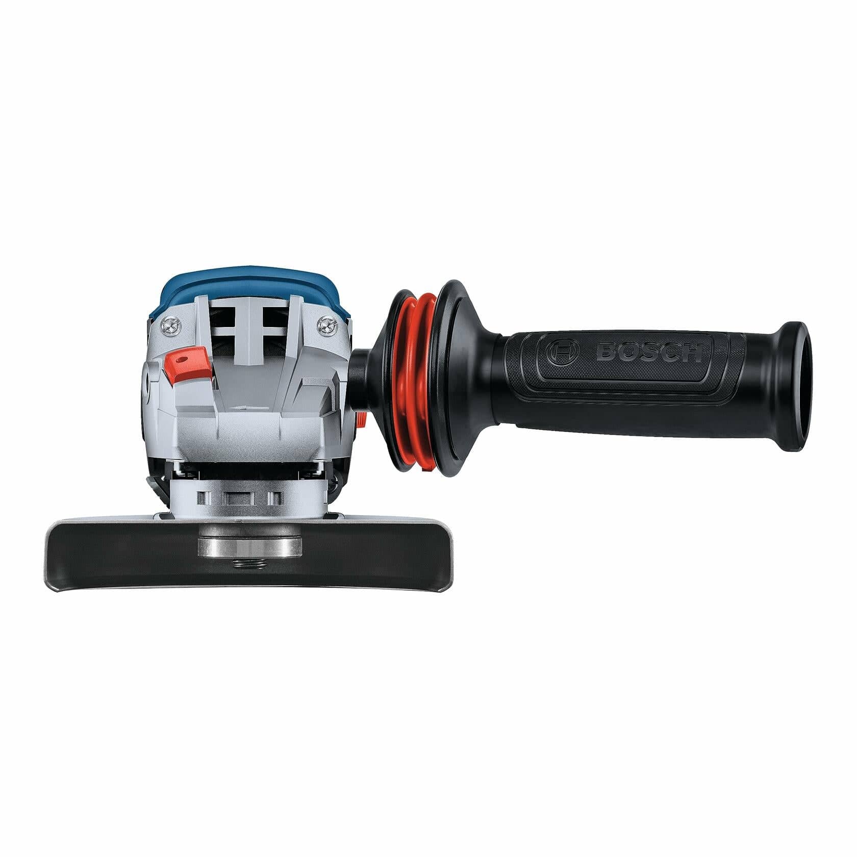 Bosch angle grinder with black side handle, red safety switch, and grinding disc guard. Blue and metallic body designed for control and safety in cutting tasks.