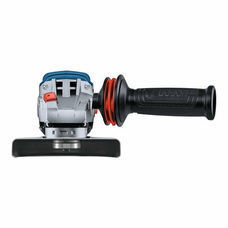 Bosch angle grinder with black side handle, red safety switch, and grinding disc guard. Blue and metallic body designed for control and safety in cutting tasks.