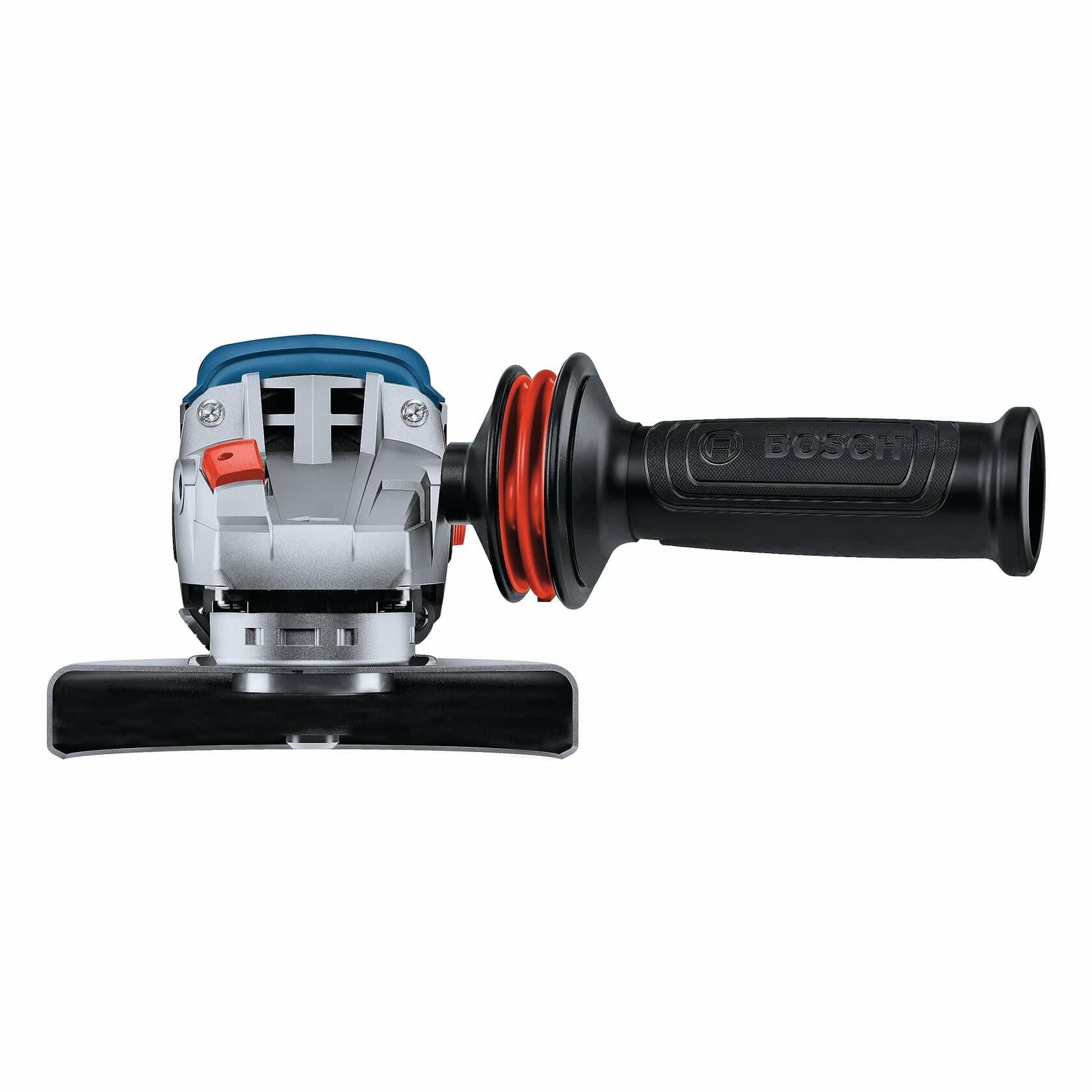 Front view of Bosch angle grinder showing black handle with logo, red vibration ring, and protective guard. Red safety switch visible on side of metallic body.