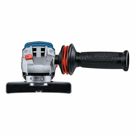 Front view of Bosch angle grinder showing black handle with logo, red vibration ring, and protective guard. Red safety switch visible on side of metallic body.