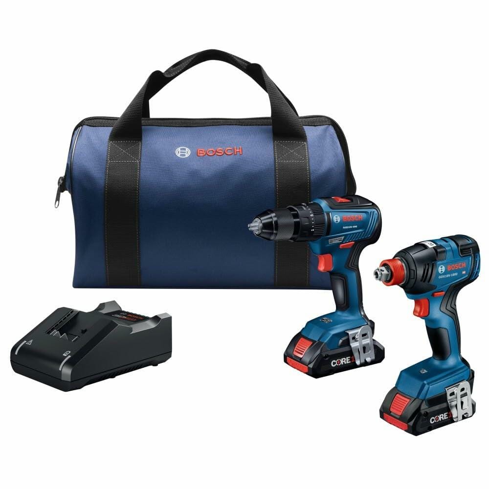 Bosch GXL18V-233B25 combo kit including a hammer drill, Freak impact driver, battery charger, and carrying bag. Both tools feature CORE18V batteries and ergonomic designs for professional use.