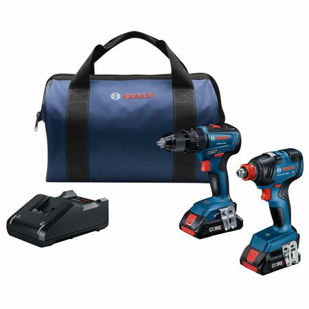 Bosch GXL18V-233B25 combo kit including a hammer drill, Freak impact driver, battery charger, and carrying bag. Both tools feature CORE18V batteries and ergonomic designs for professional use.