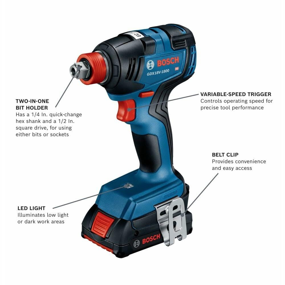 Labeled diagram of Bosch cordless drill showing features such as all-metal chuck, brushless motor, ergonomic grip, motor protection, LED light, and belt clip. Designed for durability and comfort.