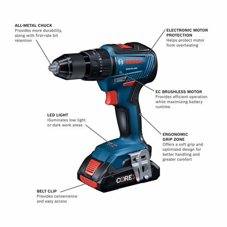 Labeled diagram of Bosch GDX18V-1800 impact driver showing features like two-in-one bit holder, variable-speed trigger, belt clip, and LED light. Highlights the tool’s versatility and ergonomic design.