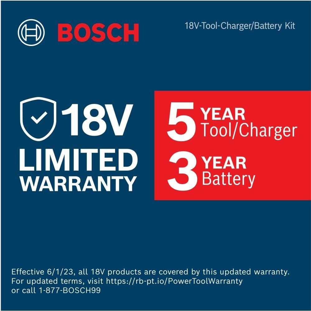 Promotional graphic displaying Bosch’s 18V limited warranty: 5 years for tools and chargers, 3 years for batteries. Includes Bosch branding and a link for updated warranty terms effective June 1, 2023