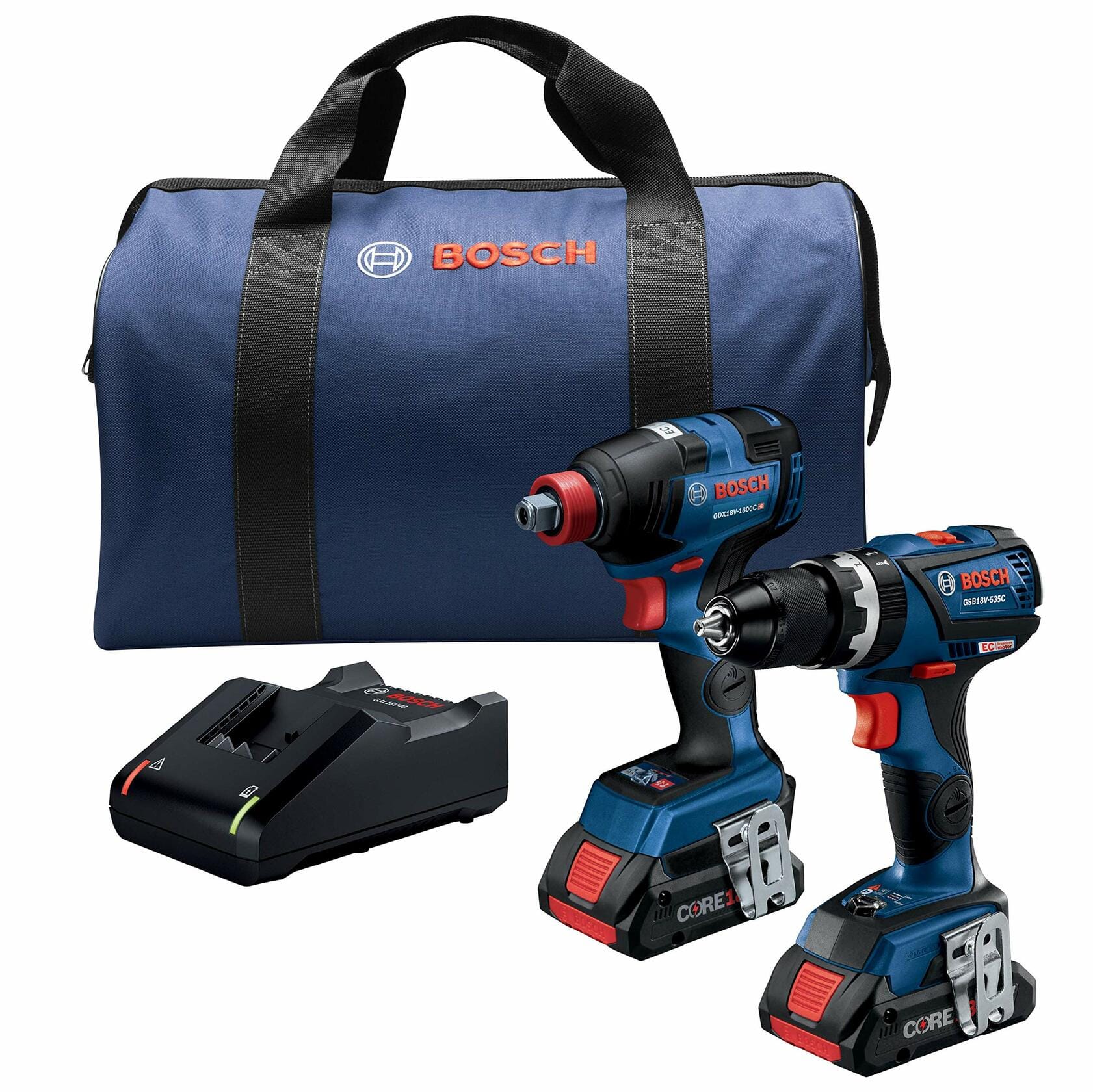 Bosch power tool set including cordless drill/driver, impact driver, battery charger, and branded carrying bag. Tools are equipped with CORE18V batteries. Bag is navy blue with black handles and Bosch logo. Designed for professional or home use.
