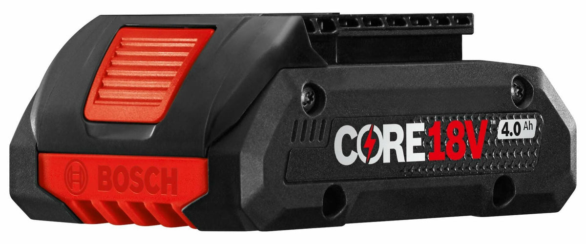 Bosch CORE18V 4.0 Ah lithium-ion battery pack with black casing and red accents. Features Bosch branding, textured grip, and venting for heat dissipation. Designed for use with Bosch cordless power tools.