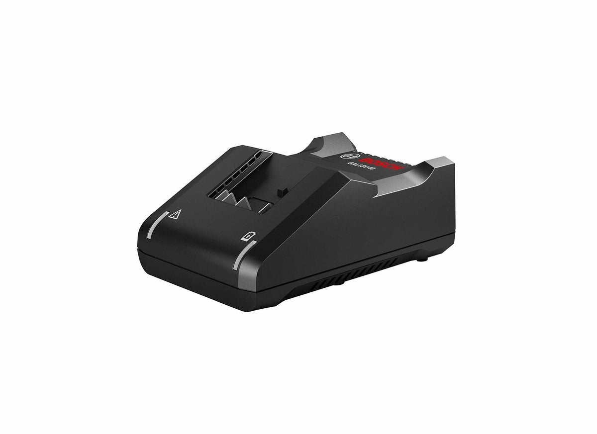 Black Einhell battery charger with top slot for battery insertion and two front indicator lights. Compact, angular design suitable for charging power tool batteries in workshop or home settings.