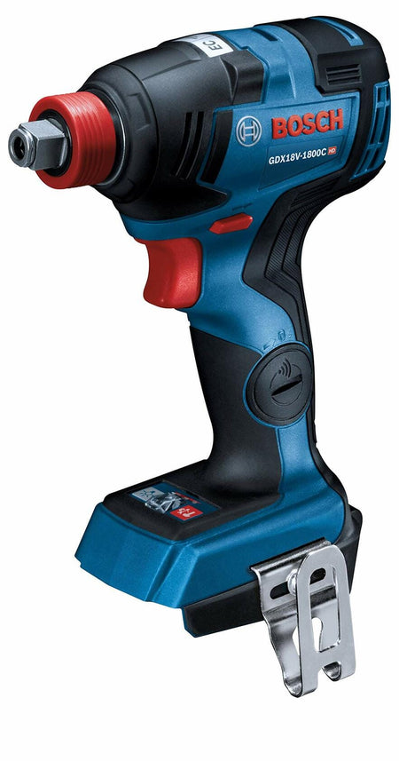 Bosch GDX18V-1800C cordless impact driver with compact design, ergonomic grip, and quick-change chuck. Features brushless motor and belt clip. Ideal for driving screws and bolts in construction and DIY projects.