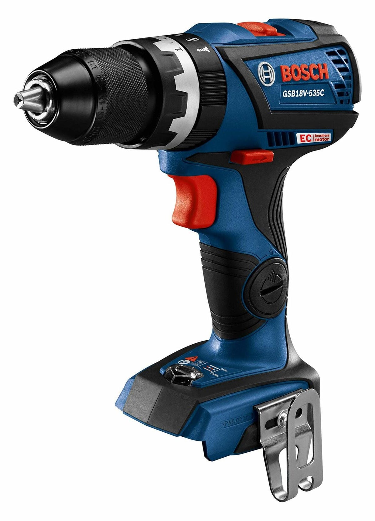 Bosch GSB 18V-535C cordless drill/driver with EC Brushless Motor label, keyless chuck, textured grip, and metal belt clip. Blue and black casing with red accents. Designed for high-performance drilling and screw-driving tasks.