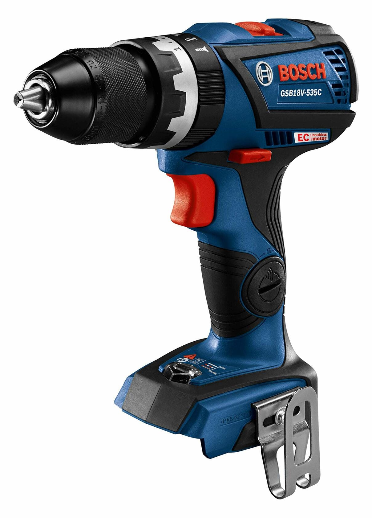 Bosch GSB 18V-535C cordless drill/driver with EC Brushless Motor label, keyless chuck, textured grip, and metal belt clip. Blue and black casing with red accents. Designed for high-performance drilling and screw-driving tasks.