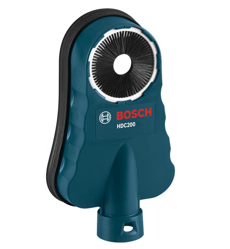 Close-up of the Bosch HDC200 dust collection attachment showing circular brush opening and Bosch branding; designed for rotary hammer drills to capture dust during concrete drilling.
