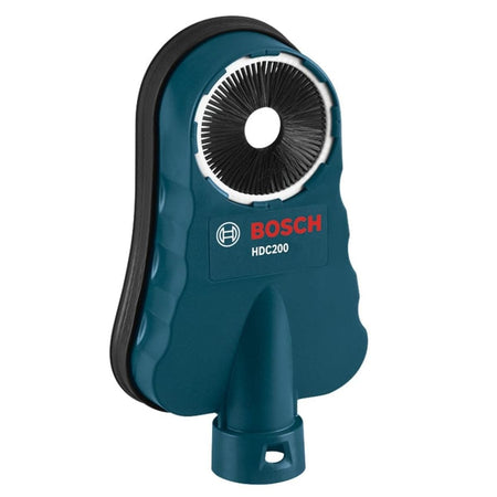Close-up of the Bosch HDC200 dust collection attachment showing circular brush opening and Bosch branding; designed for rotary hammer drills to capture dust during concrete drilling.