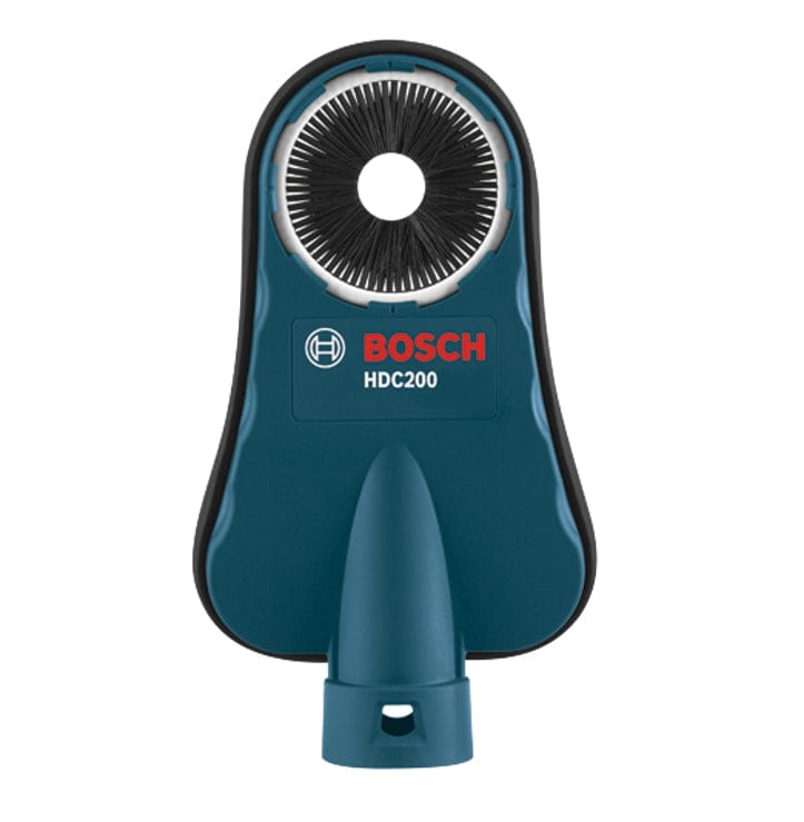 Front view of Bosch HDC200 dust collection attachment with visible brush ring and vacuum nozzle; designed for hammer drills used in masonry and concrete applications.