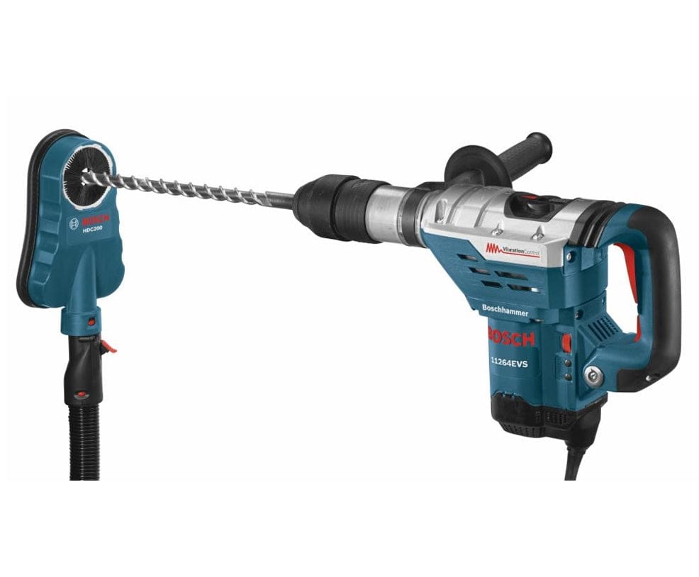 Boschhammer rotary hammer drill model 11264EVS in use with Bosch HDC200 dust collection attachment; drill bit inserted through attachment for clean concrete drilling.