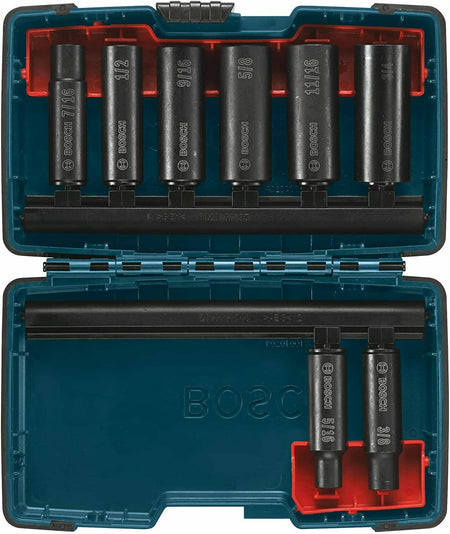 The 8-piece impact-ready hex bit socket set displayed inside its open blue and red plastic storage case, with all eight sockets neatly organized on the two included holder rails.