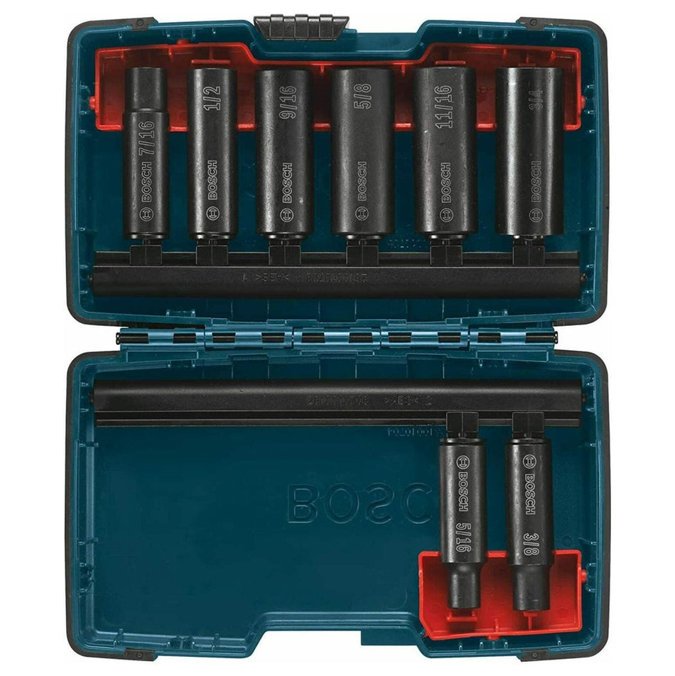 The 8-piece impact-ready hex bit socket set displayed inside its open blue and red plastic storage case, with all eight sockets neatly organized on the two included holder rails.