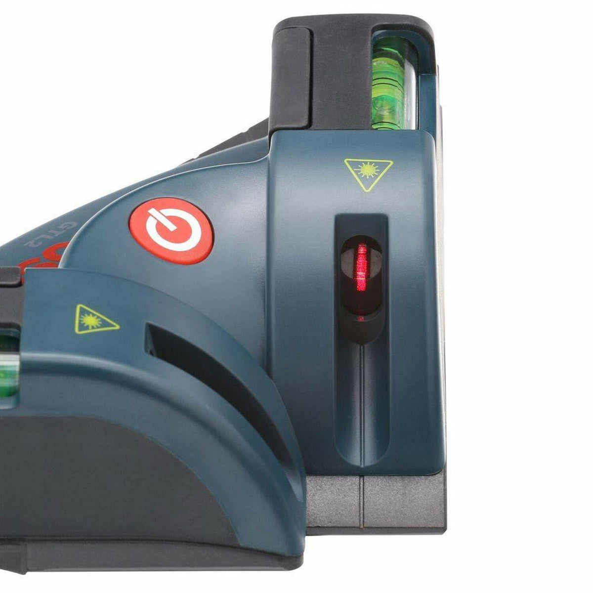 Bosch GTL2 laser square tool emitting two red laser lines at a 90-degree angle for layout and alignment. The triangular device features a central red power button and two bubble levels for horizontal and vertical leveling. The rugged casing is designed for job site use, with visible branding and active laser beams indicating precision functionality.