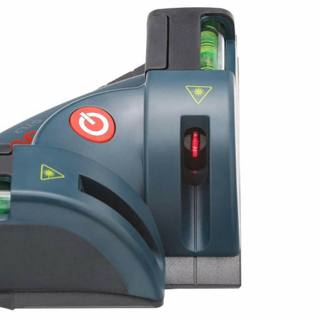 Bosch GTL2 laser square tool emitting two red laser lines at a 90-degree angle for layout and alignment. The triangular device features a central red power button and two bubble levels for horizontal and vertical leveling. The rugged casing is designed for job site use, with visible branding and active laser beams indicating precision functionality.