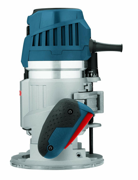 Bosch MRF23EVS fixed-base router with blue and silver body, black handles, and red trigger control. The tool features a depth adjustment knob and a flat base plate for stability, designed for precision woodworking tasks.