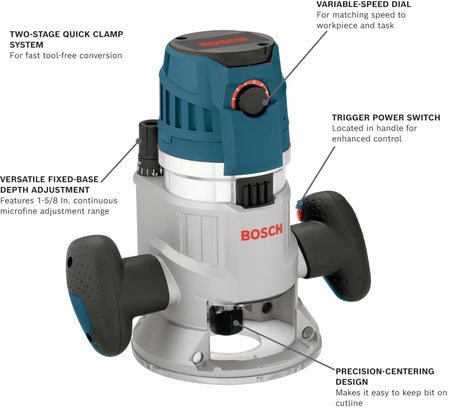 Labeled diagram of Bosch MRF23EVS router highlighting features: two-stage quick clamp system, variable-speed dial, trigger power switch, fixed-base depth adjustment, and precision-centering design.