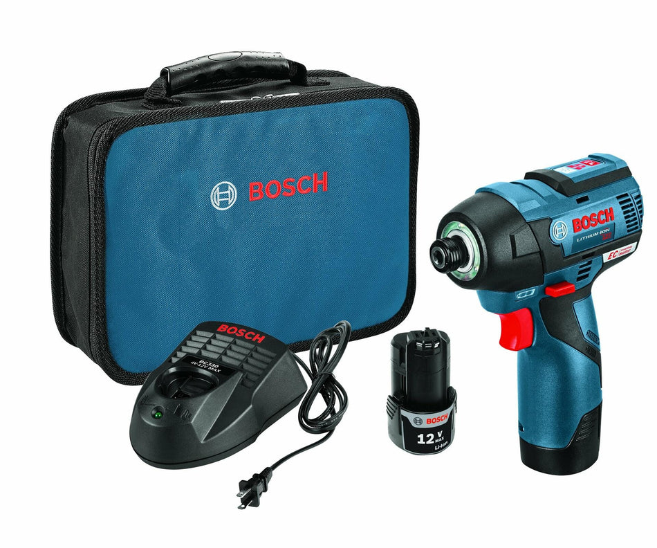 The Bosch 12V Max impact driver kit, showing the tool, two batteries, a charger, and the blue soft carrying bag.