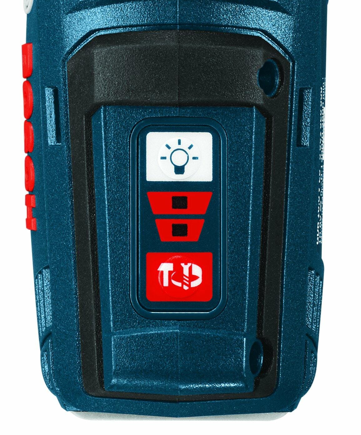  close-up view of the control buttons on the back of the Bosch impact driver, showing the selectors for the LED light and the two speed settings.