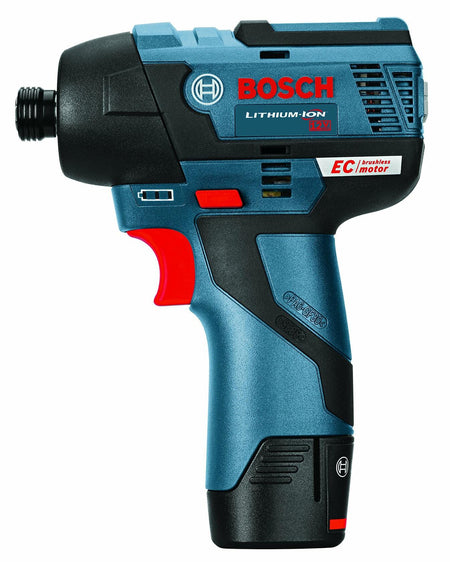 A side profile view of the compact Bosch 12V Max EC brushless impact driver.