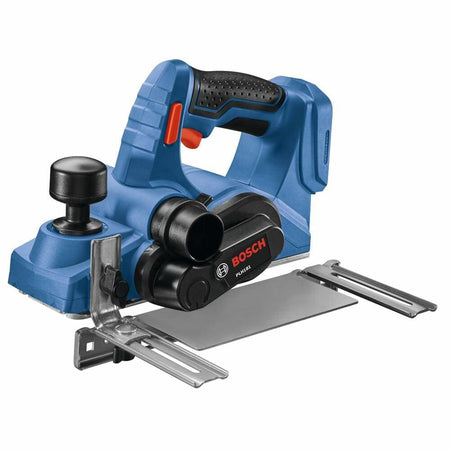 The Bosch PLH181B cordless planer shown with its detachable edge-guide fence accessory against a white background.