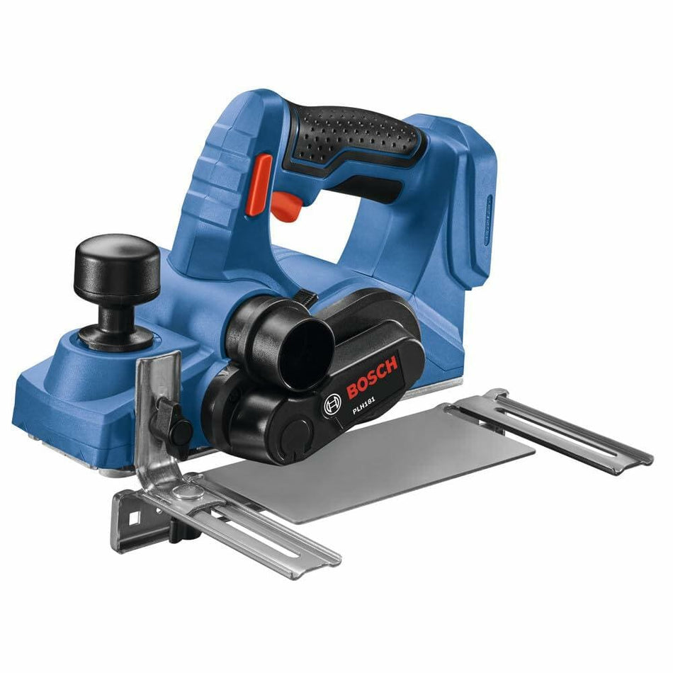 The Bosch PLH181B cordless planer shown with its detachable edge-guide fence accessory against a white background.